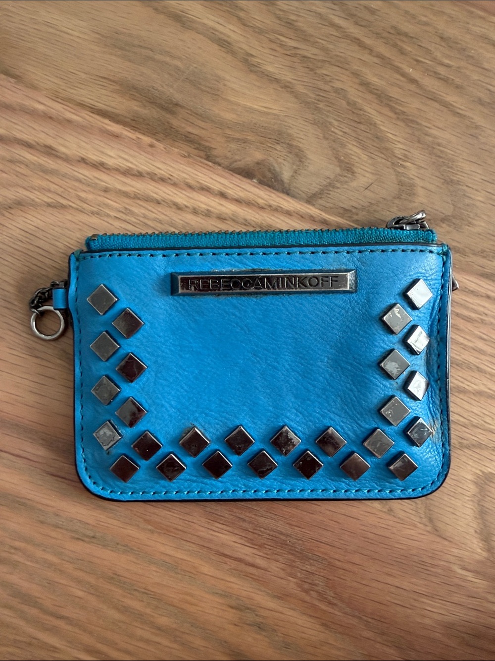 Rebecca Minkoff Turquoise Leather Studded Zip Card Pouch